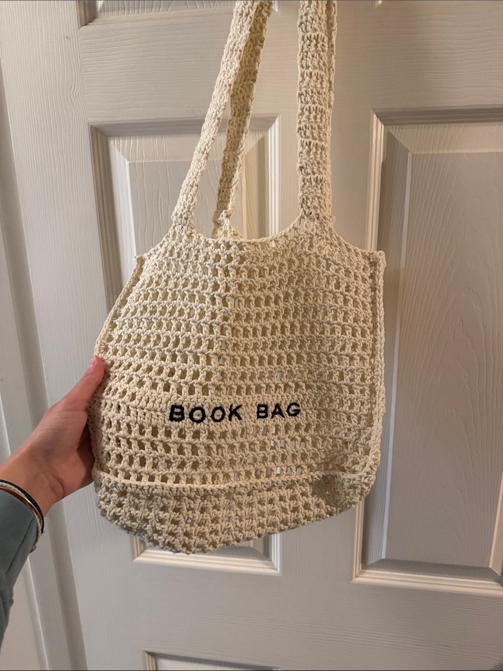 Cream Crochet Tote Bag with 'BOOK BAG' Text - Picture 2 of 3